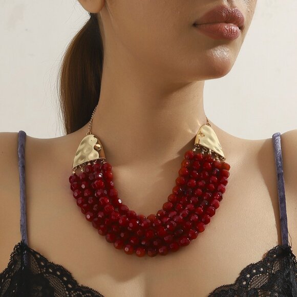 ✨ BOHEMIAN CHIC! Red Beaded Collar Necklace - Multi-Strand Statement & Gold Tone - Picture 1 of 2
